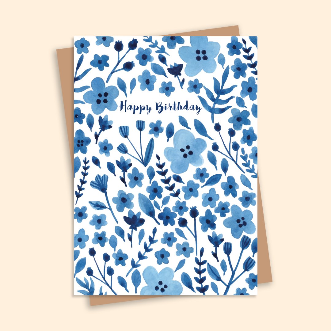 Happy Birthday Blue Floral Illustrated Card - HUTCH London