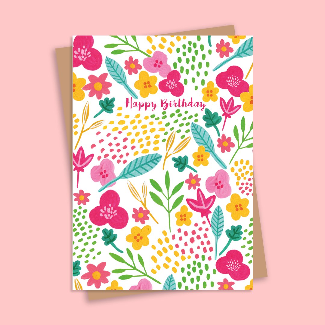 Happy Birthday Bright Florals Illustrated Greetings Card - HUTCH London