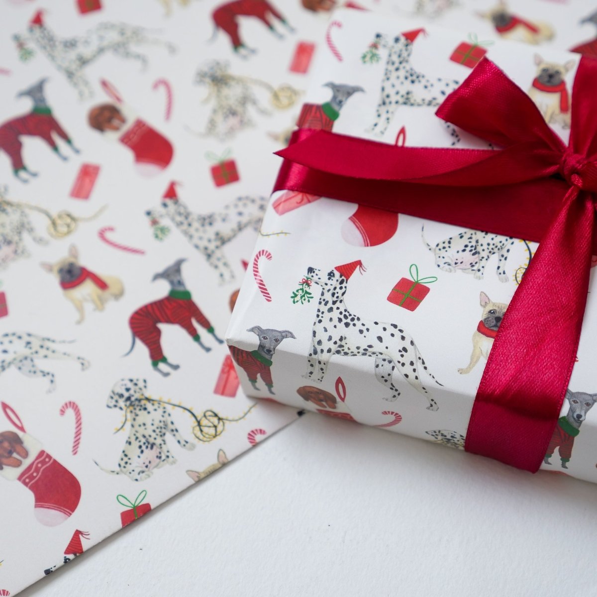 Cute Illustrated Christmas Dog Print Wrapping Paper - Cream - HUTCH London