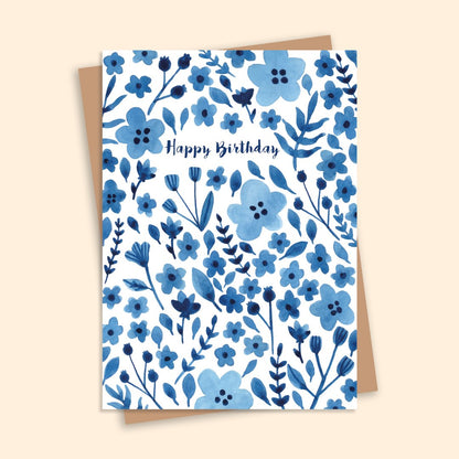 Happy Birthday Blue Floral Illustrated Card - HUTCH London