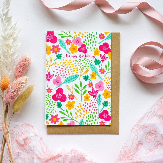 Happy Birthday Bright Florals Illustrated Greetings Card - HUTCH London