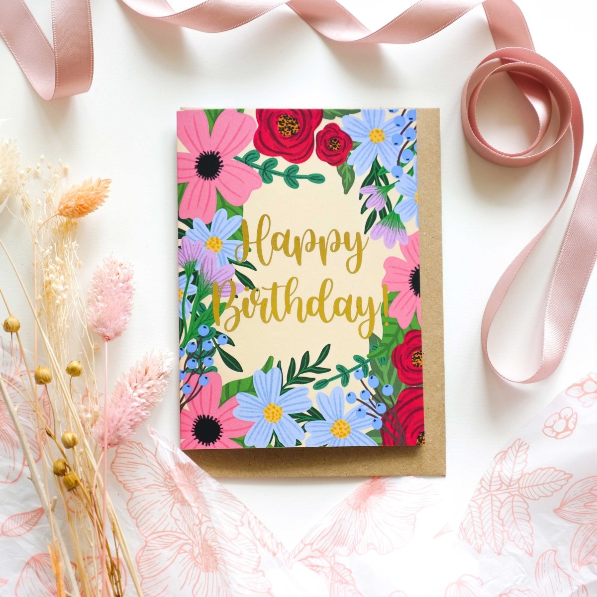 Happy Birthday Spring Floral Gold Foil Greetings Card - HUTCH London