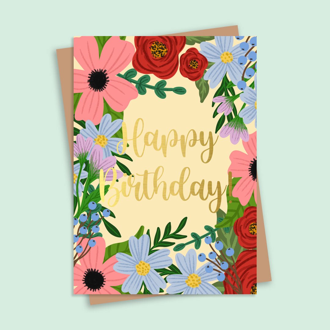 Happy Birthday Spring Floral Gold Foil Greetings Card - HUTCH London