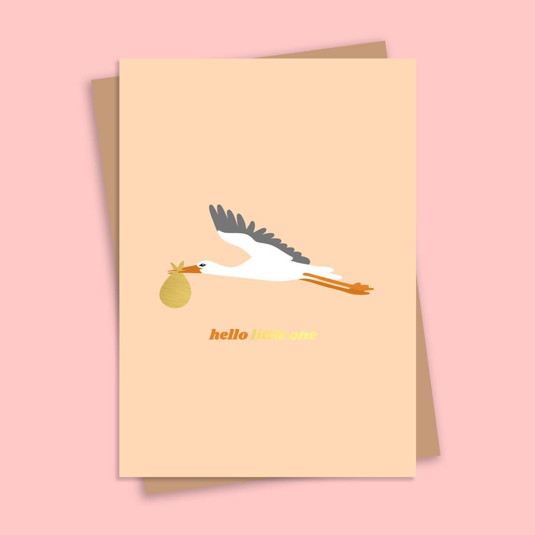 Hello Little One Stork Gold Foil Greetings Card - HUTCH London