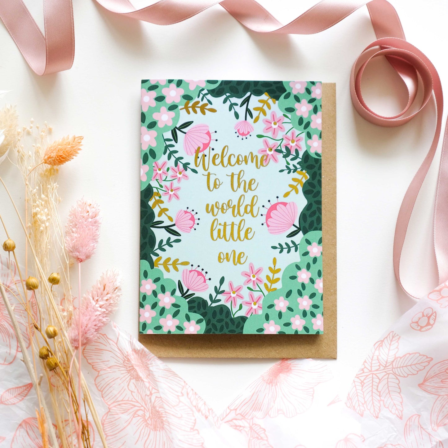 Welcome To The World Pink Gold Foil Greetings Card