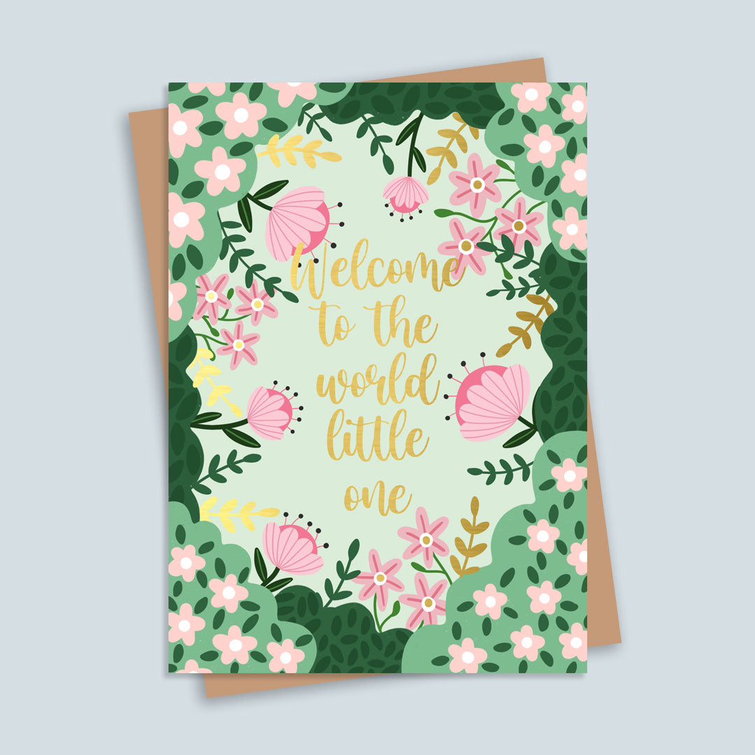 Welcome To The World Pink Gold Foil Greetings Card